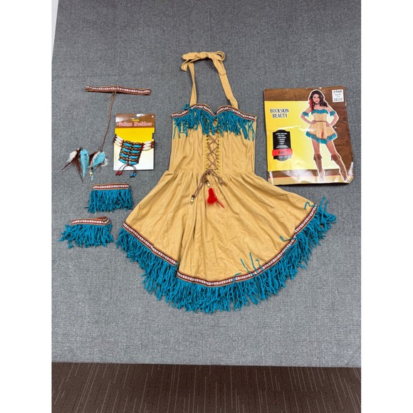 Other - Buckskin Beauty Adult Costume Set Tan Turquoise Fringe Dress Necklace Small 2-4